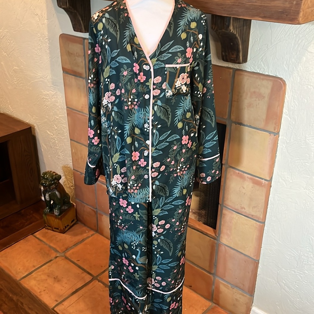 summersalt Dark Green Floral Satin Pajama Set with Pink Accents